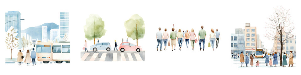 Obraz premium A vibrant cityscape illustration featuring buildings, trees, cars, and groups of people engaging in community activities.