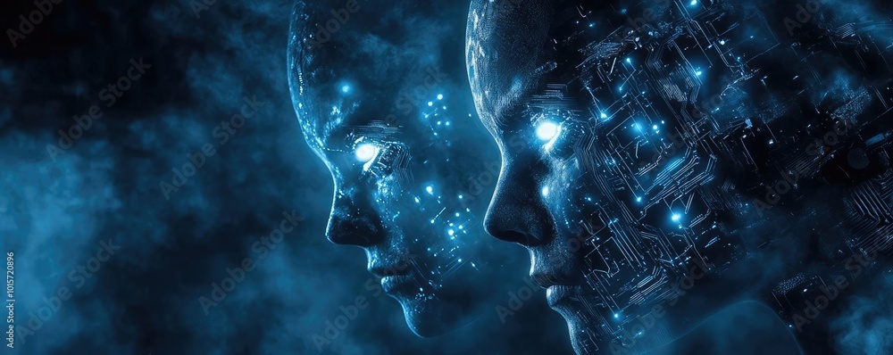 Aufkleber futuristic digital beings with glowing features, representing the intersection of technology and hum