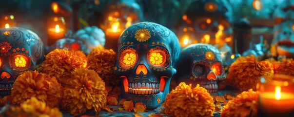 Fototapeta premium Vibrant Dia de los Muertos altar featuring colorful skulls, marigolds, and candles, celebrating life and honoring the departed.