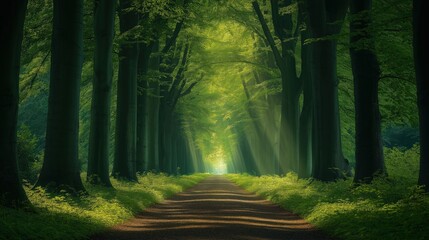 Fototapeta premium Peaceful path through a vibrant green beech forest