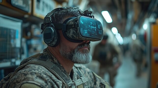 A military man uses a VR headset for training, showcasing advancements in military technology.