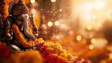 Fototapeta premium A beautifully detailed Lord Ganesha sculpture shines softly in warm light, surrounded by vibrant marigold flowers, creating a serene atmosphere for spiritual devotion