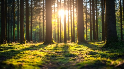 Obraz premium Sunlight streaming through the tall trees in a lush forest.