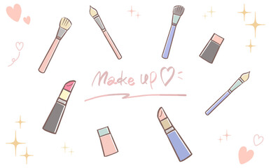 手描きのかわいい口紅やブラシのコスメのイラストセット