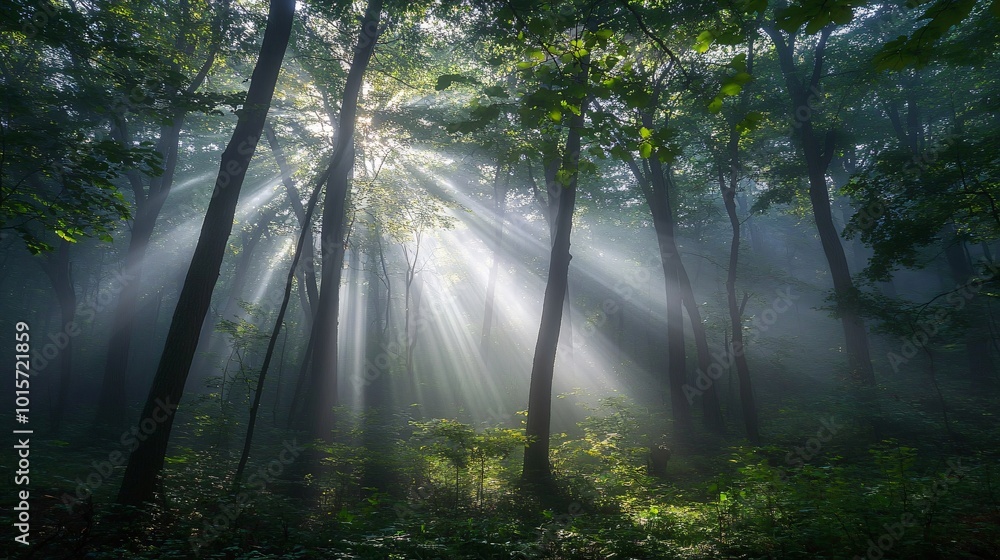 Poster sunlight streams through a misty forest, illuminating the dense canopy above.