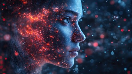 A modern data scientist utilizing technology and neural networks for advanced data analysis.