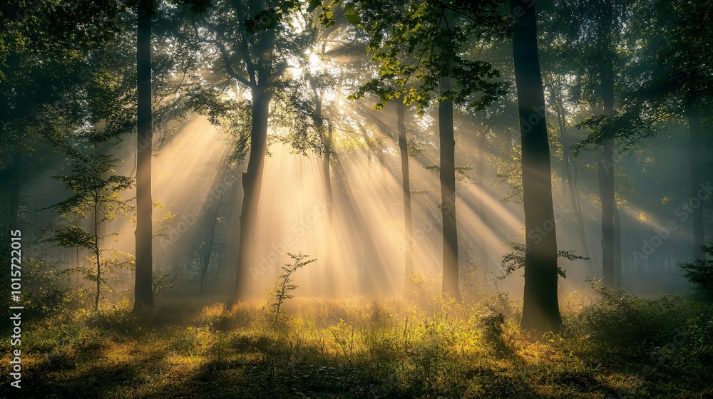 Poster sunlight streams through a dense forest, illuminating the misty air and creating a magical atmospher