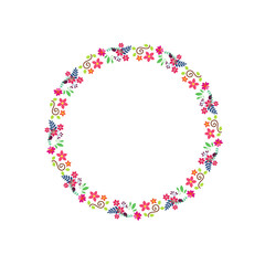 Floral wreath with pink, white, and blue lisianthus flowers, pansy flowers, bluebells, and forget-me-not flowers. Floral circle frame. Vector illustration