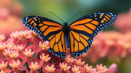Fototapeta premium A monarch butterfly feeds on the nectar of milkweed blooms, illustrating the fragile relationship between species and their habitats in the face of environmental changes.