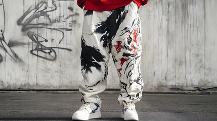 24. A streetwear outfit featuring oversized graphics and baggy pants