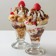 two ice cream sundaes with strawberries on top