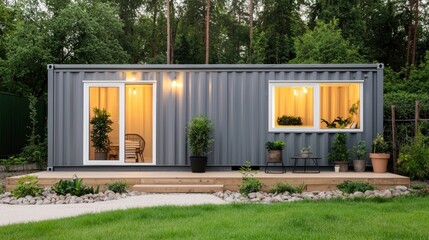 Obraz premium A modern container home with a porch, surrounded by greenery, showcasing warm indoor lights and potted plants.