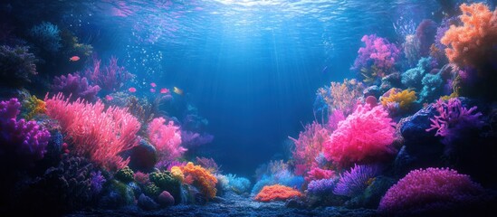 Vibrant underwater scene with colorful coral reef and a ray of sunlight penetrating the water.