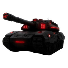 Black military tank with vibrant red lights on an isolated white background.