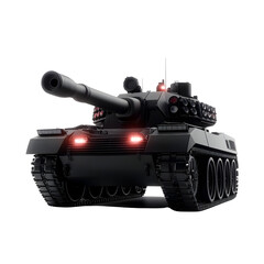 Black military tank with detailed features on a white isolated background.