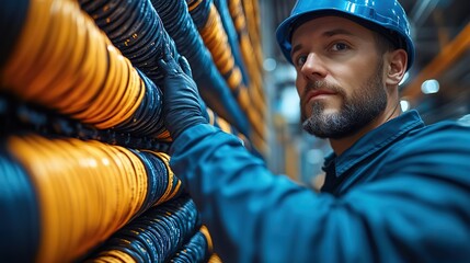 A network engineer meticulously bundling cables for structured cabling, highlighting precision and organization in telecommunications.