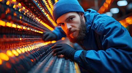 A network engineer meticulously bundling cables for structured cabling, highlighting precision and organization in telecommunications.
