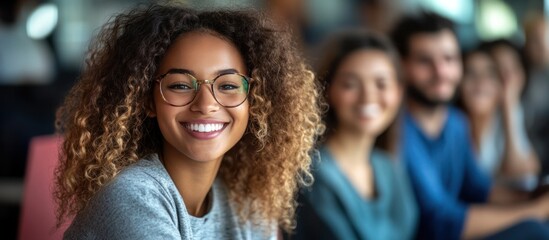 A young woman with curly hair and glasses smiles brightly at the camera, surrounded by friends.