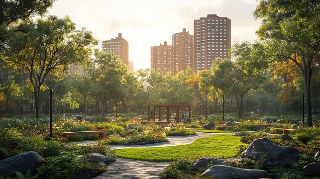 A network of interconnected green spaces within a bustling urban environment promotes biodiversity and resilience, serving as a buffer against climate change.