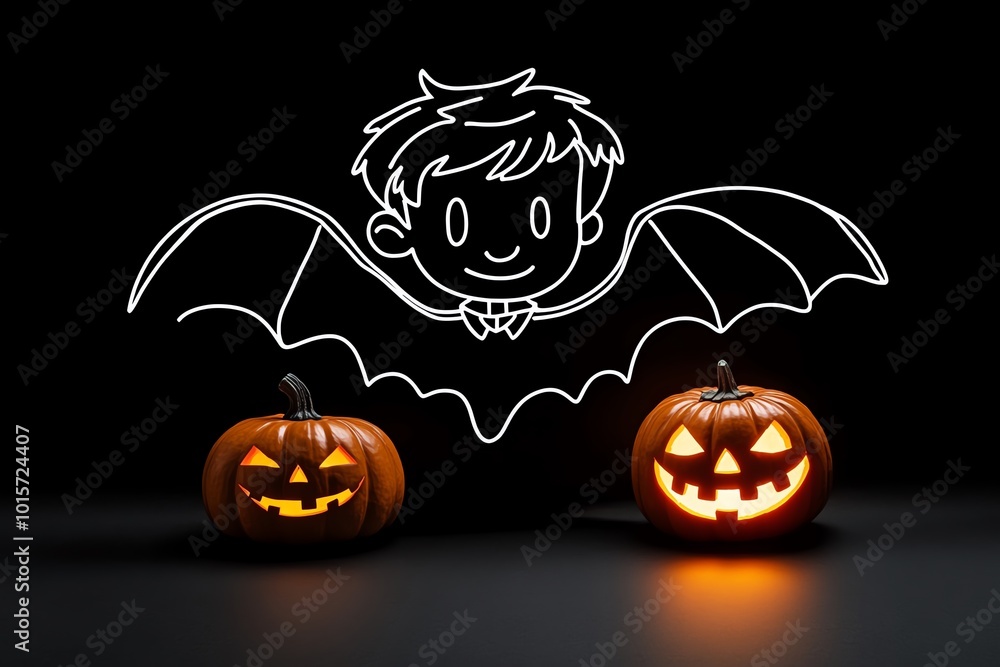 Poster simple outline of a boy vampire, with minimal shading and a glowing jack-oâ€™-lantern next to him, s
