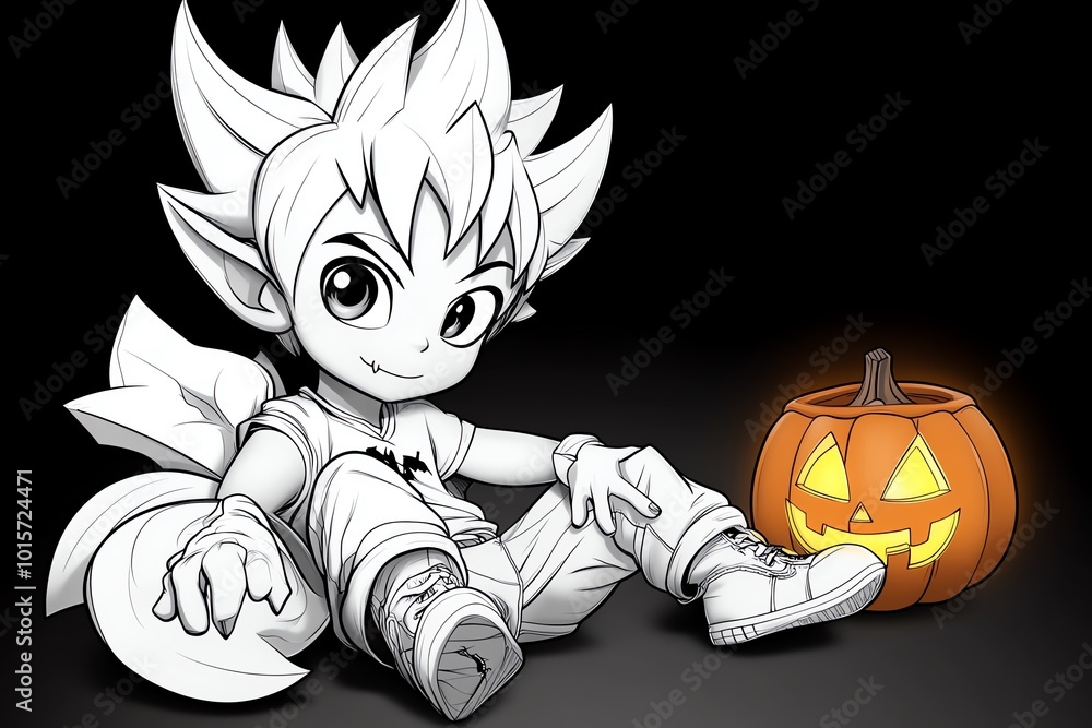 Poster simple outline of a boy vampire, with minimal shading and a glowing jack-oâ€™-lantern next to him, s