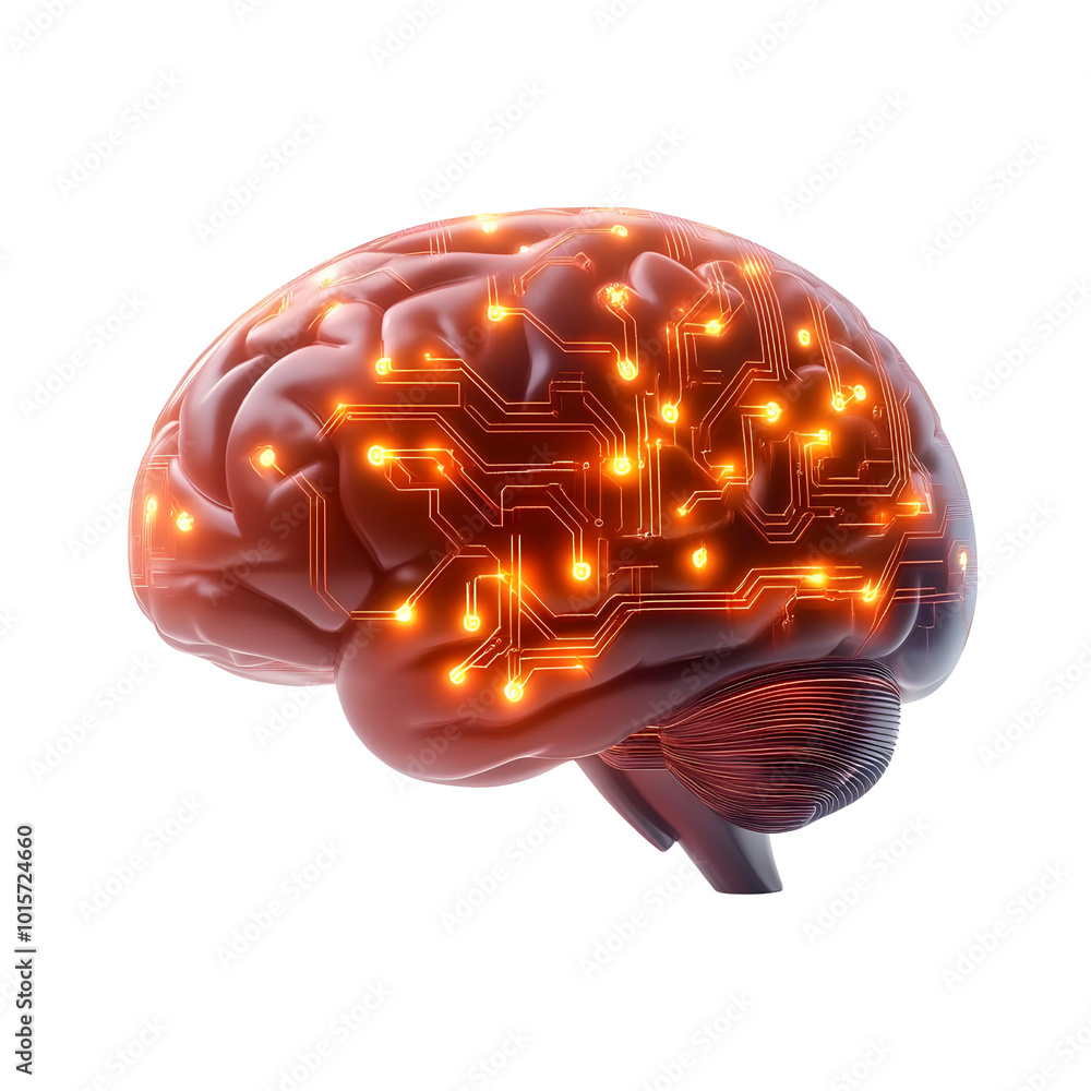 Poster conceptual image of a human brain with glowing circuitry, symbolizing intelligence and technology on