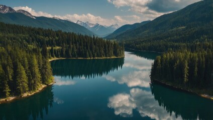 Tranquil lake surrounded by dense coniferous trees, reflecting clouds on water surface