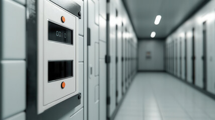Naklejka premium Prison control terminal with holographic security icons, managing inmate data and facility security through advanced encryption