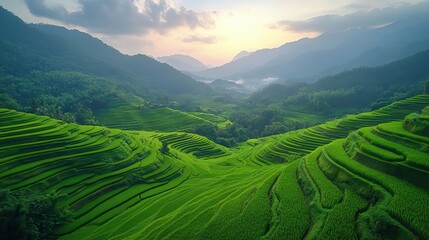 Obraz premium A panoramic view of lush rice terraces highlights the harmonious balance between nature and agriculture, showcasing the sustainable beauty of this landscape.
