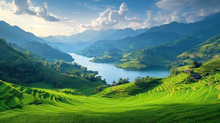 Fototapeta premium A panoramic view of lush rice terraces highlights the harmonious balance between nature and agriculture, showcasing the sustainable beauty of this landscape.