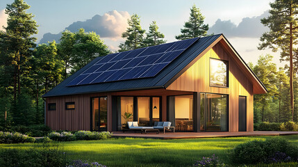 A Modern Wooden House with Solar Panels on the Roof Surrounded by Trees in a Forest Setting