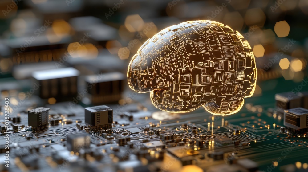 Poster Futuristic brain design on a microchip background, symbolizing artificial intelligence and technological advancement.