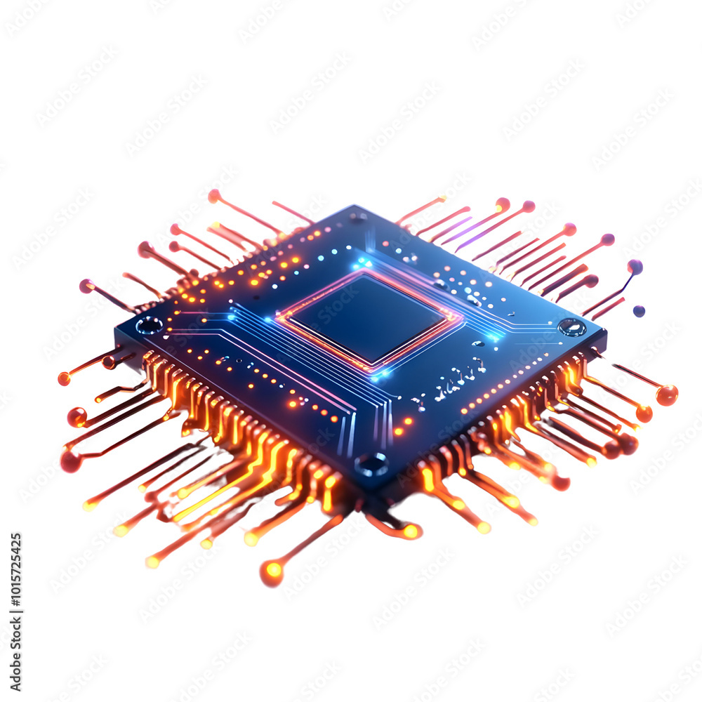 Poster futuristic microchip design with glowing circuits, isolated on a white background.
