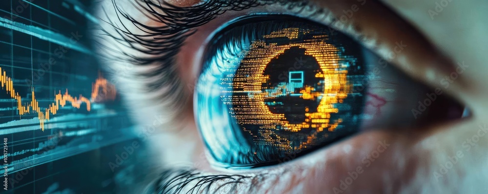 Poster A close-up of an eye with digital data and graphs overlaid, symbolizing the fusion of technology and finance.