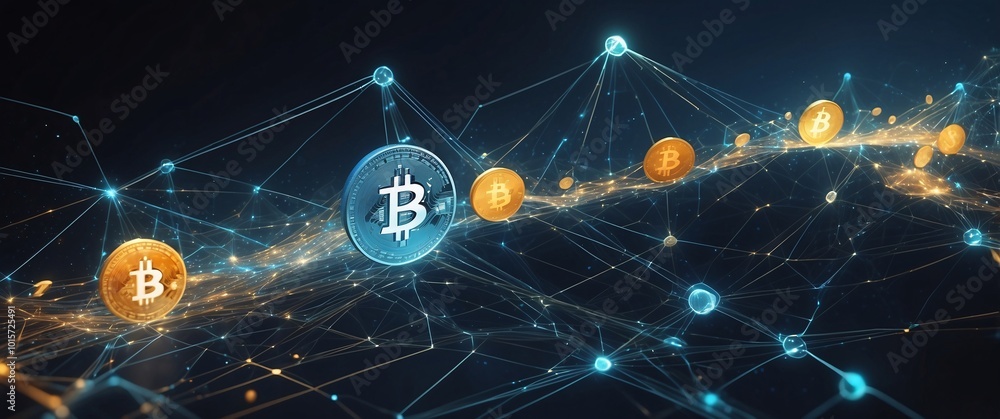 Poster global cryptocurrency network: bitcoin and altcoins illuminate a futuristic digital landscape, symbo