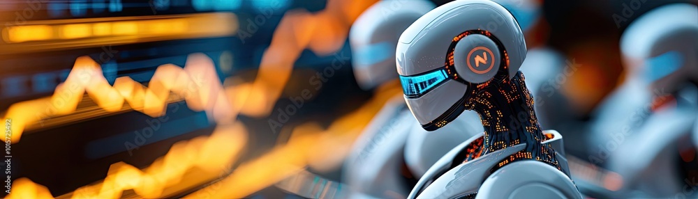 Poster futuristic close-up of a robotic face with digital graphs in the background, showcasing advanced tec