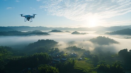 Drone Capturing Foggy Morning Landscape