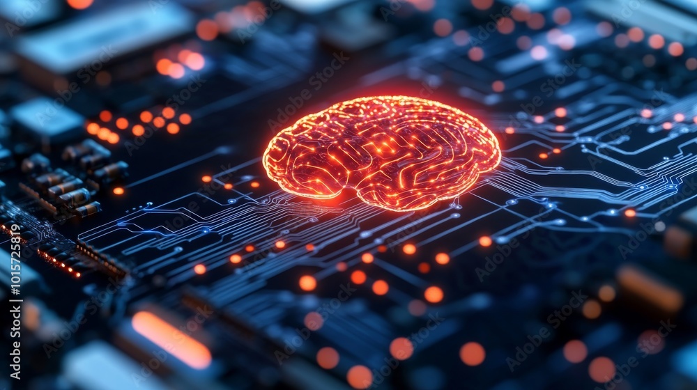 Poster a glowing digital brain at the center of a complex network highlights data movement through electric