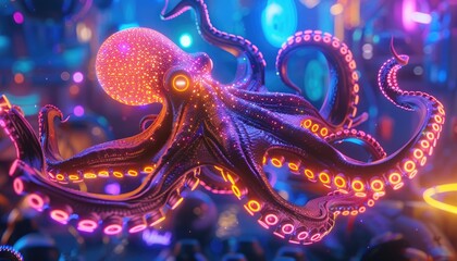 Obraz premium Neon Octopus in a Disco Ball World