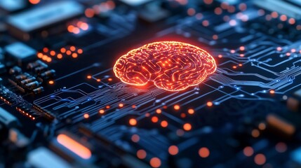A glowing digital brain at the center of a complex network highlights data movement through electric blue and red circuitry, creating a high-tech atmosphere
