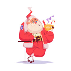 Funny Santa Claus character relaxing and drinking hot coffee or tea