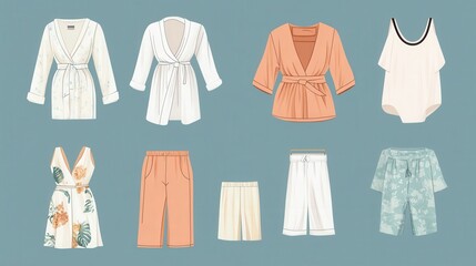 A stylish vector illustration template featuring a collection of sleepwear items, including elegant bathrobes, cozy pajamas, casual shorts, and trendy tank tops.