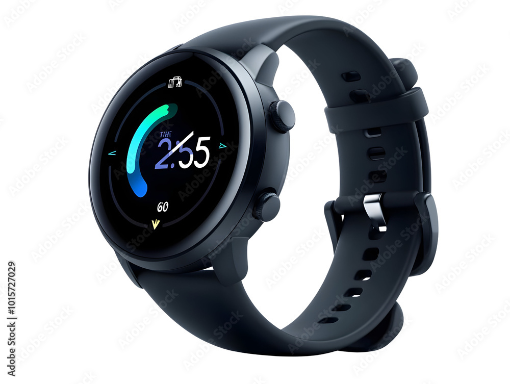 Poster stylish smartwatch with a round display and fitness tracking features, isolated on a white backgroun