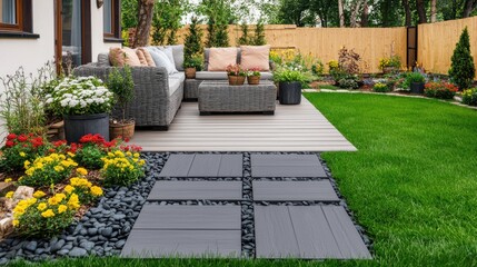 Obraz premium Cozy outdoor patio with stylish furniture, vibrant flowers, and a green lawn, creating a serene garden space for relaxation.