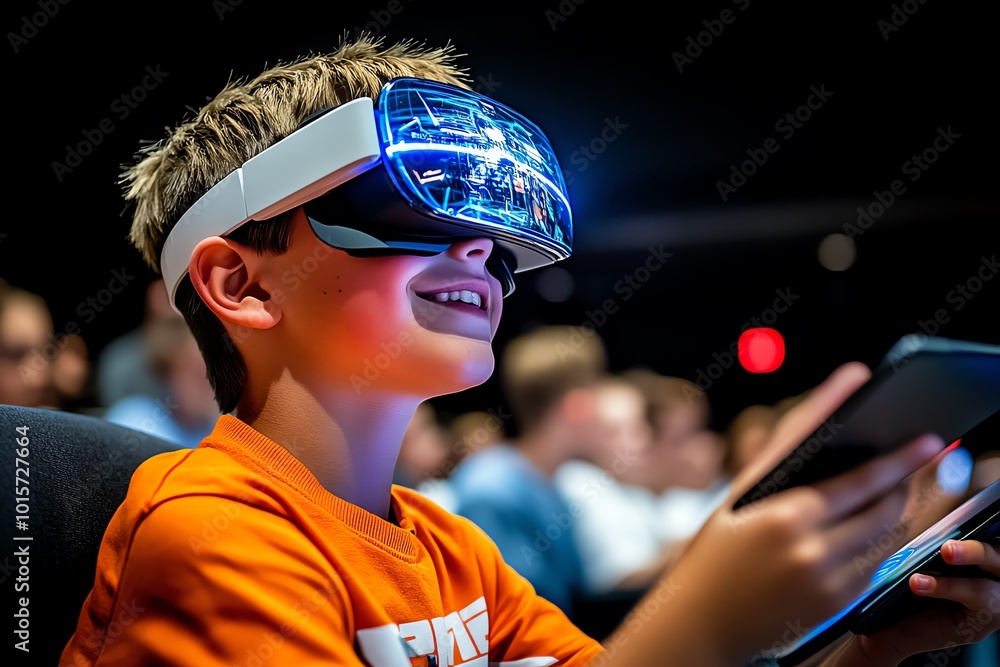 Poster students envisioning the future in a high-tech classroom, learning with holograms, interactive table