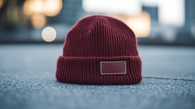 This thick red beanie showcases a textured weave pattern, positioned on a smooth concrete surface, highlighting its blank leather patch perfect for future branding