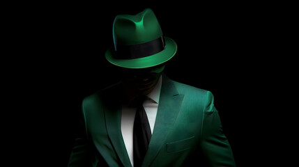 A green suit, black tie, and hat. The man is completely hidden behind the shadow of his head, but you can see that he wears it with confidence and elegance. Black background.
