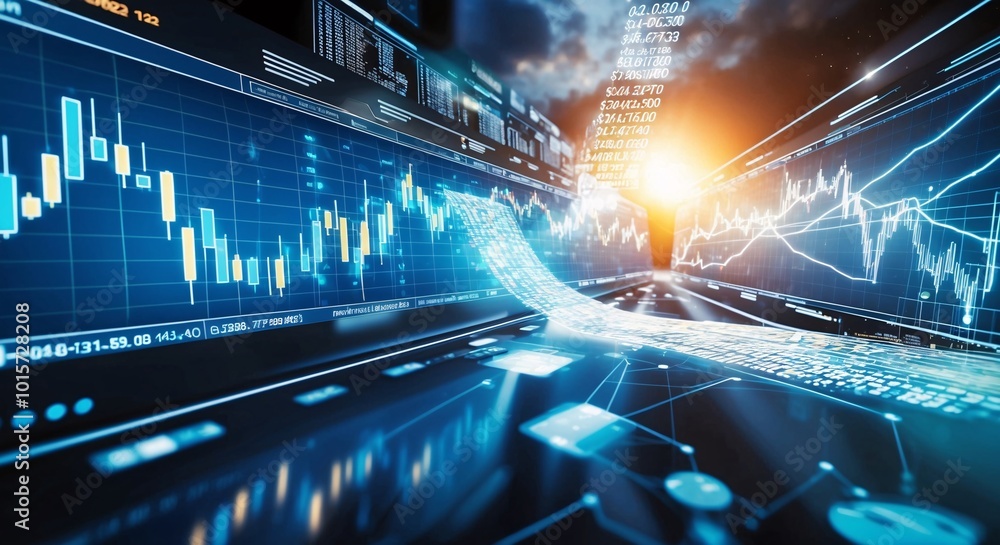 Poster financial data stream: abstract visualization of global financial markets, showcasing dynamic stock 