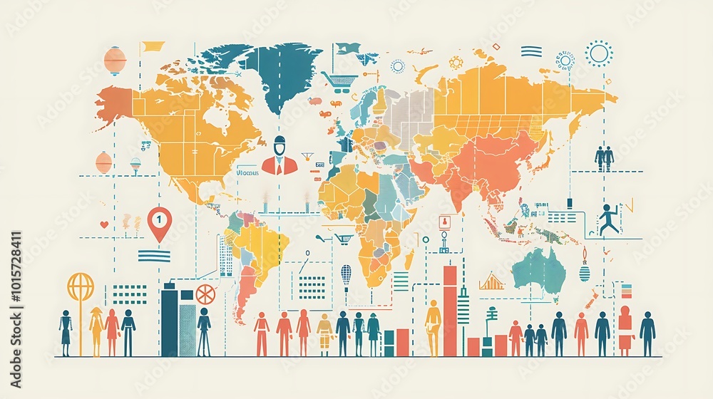 Poster colorful world map illustration symbolizing global connection and diversity.