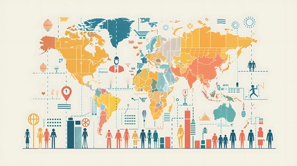 Colorful world map illustration with symbolizing global connection for representing diversity communication unity international network concept.
